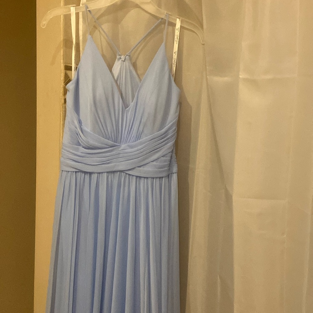 Floor length sky blue prom dress